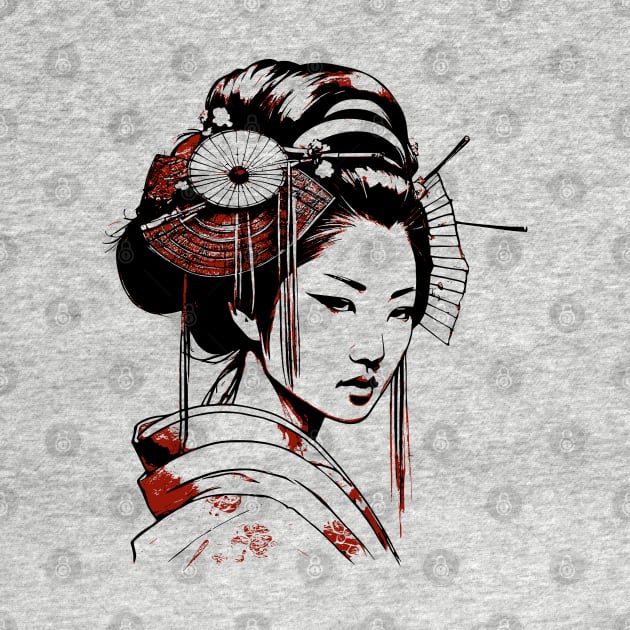 Geisha portrait black and red by Ravenglow